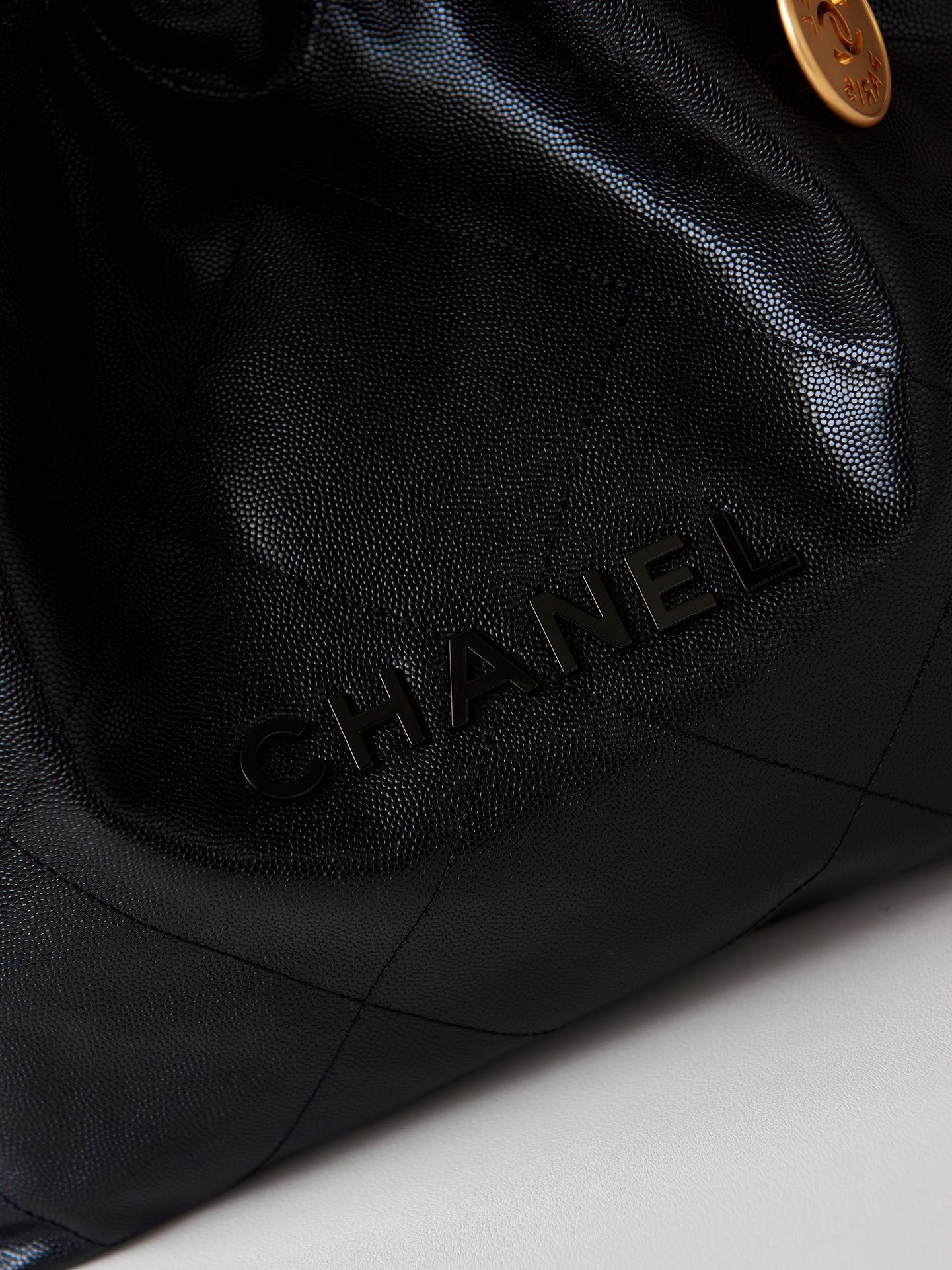 Ch*el 22 small handbag shiny calfskin & gold metal black 13.7×14.4×2.7 in