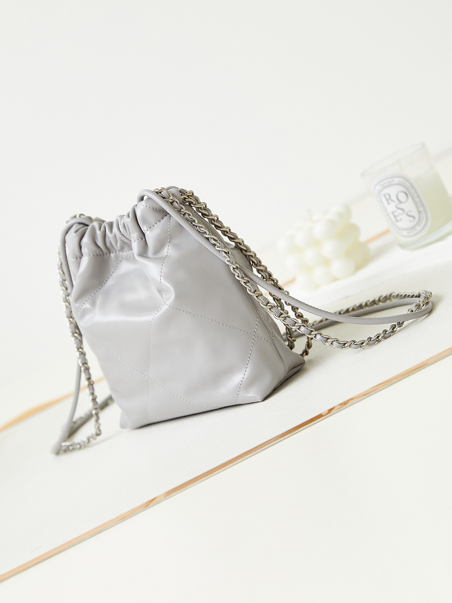 Ch*el 22 mini handbag shiny calfskin grey 7.8 × 7.4 × 2.3 in