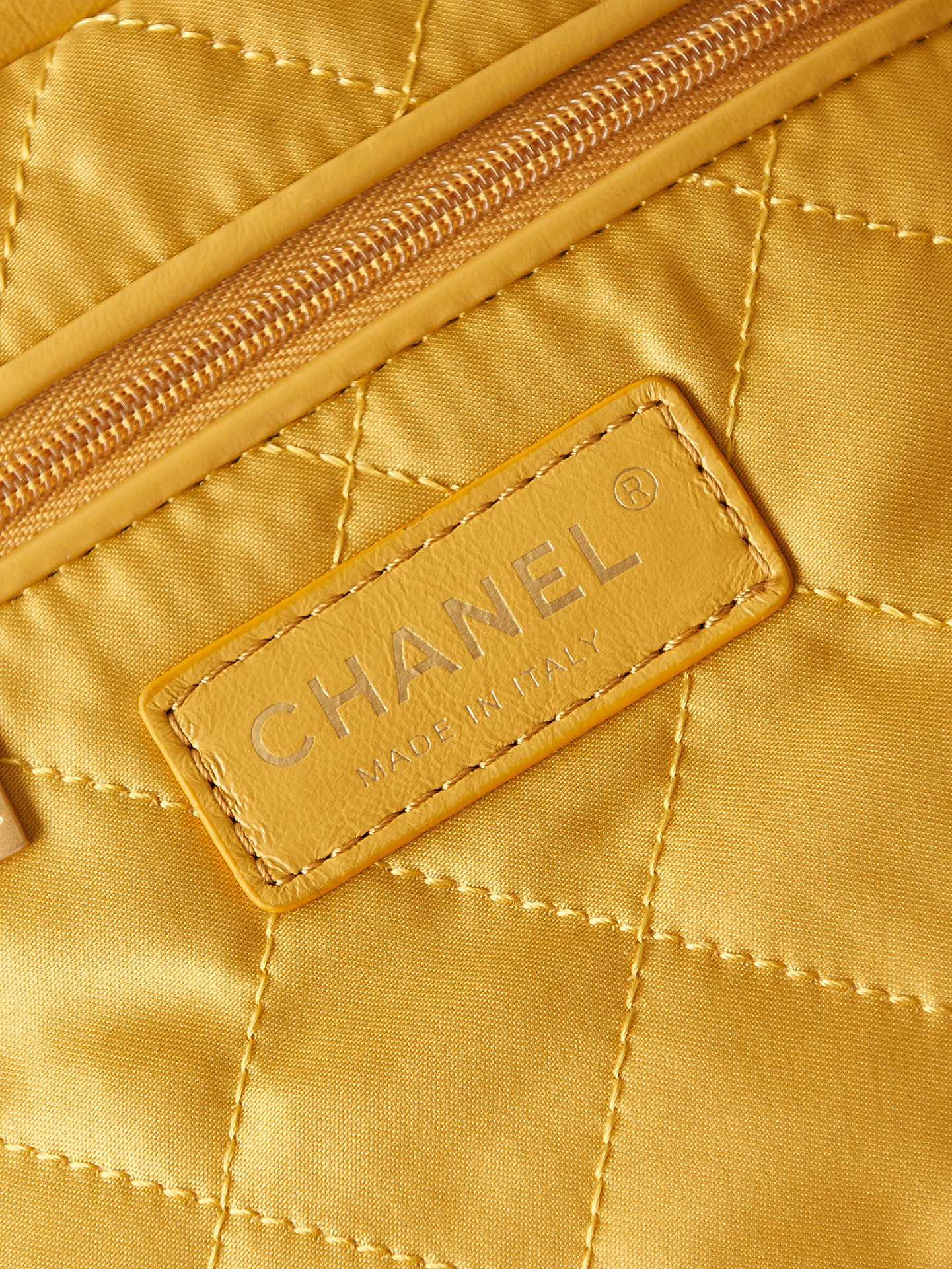 Ch*el 22 small handbag shiny calfskin yellow 13.7×14.4×2.7 in