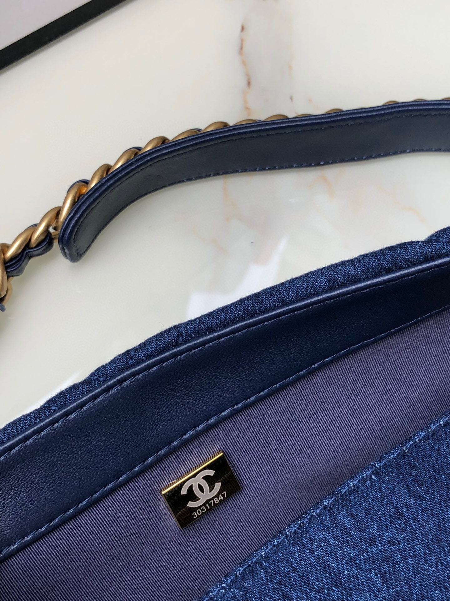 Ch*el 19 handbag, gold-tone, silver-tone & ruthenium-finish metal navy 6.2 × 10.1 × 3.5 in