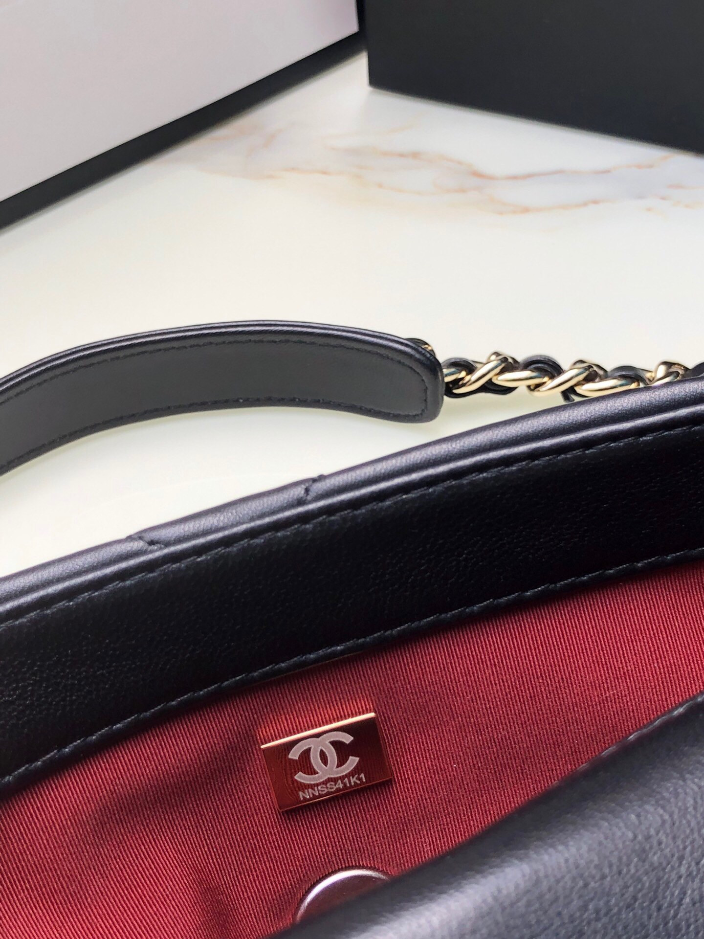 Ch*el 19 handbag shiny leather, gold-tone, silver-tone & ruthenium-finish metal black 6.2 × 10.1 × 3.5 in