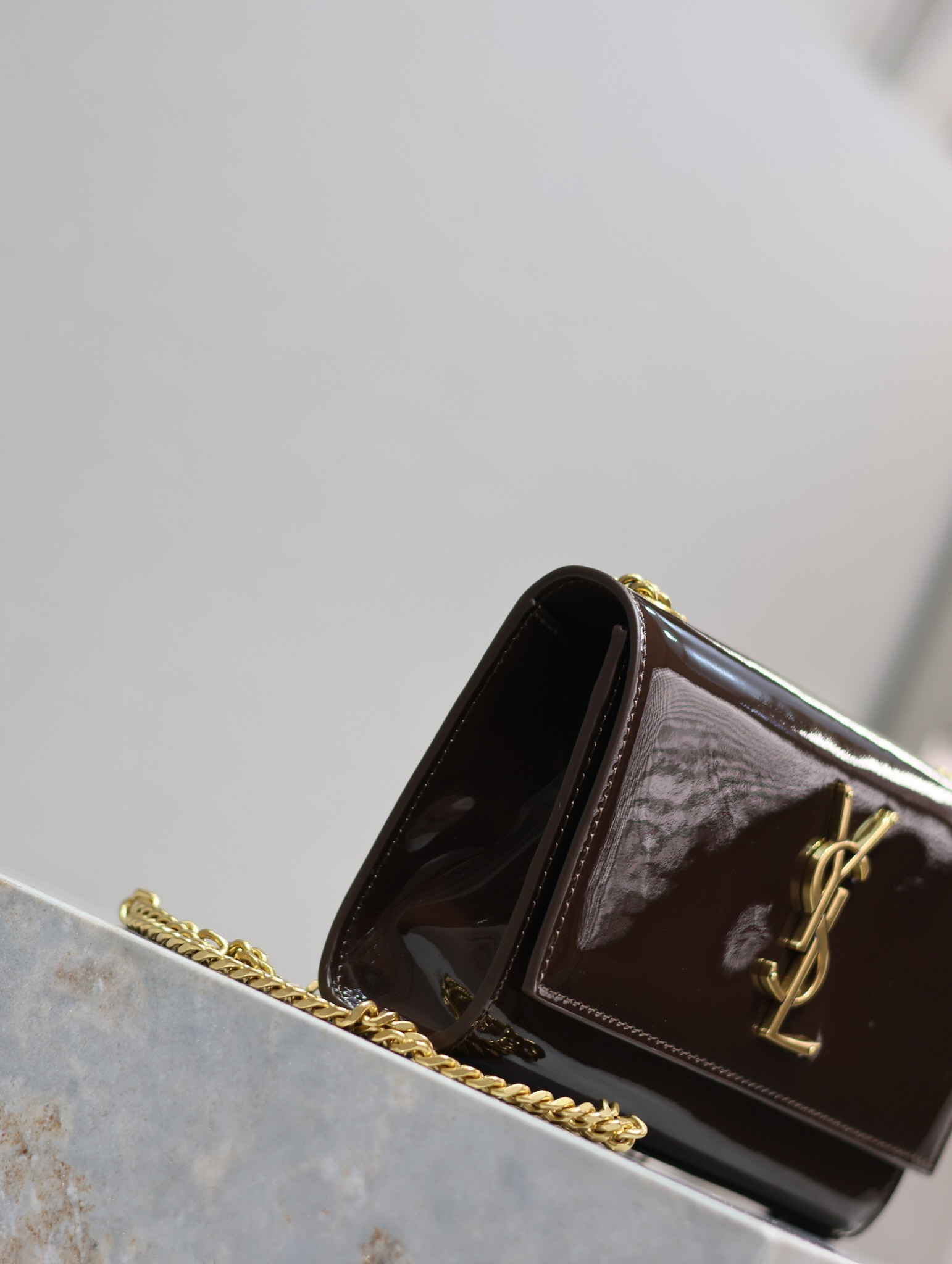 Y*L kate small in shiny leather coffee 7.8 x 4.9 x 1.9 inches