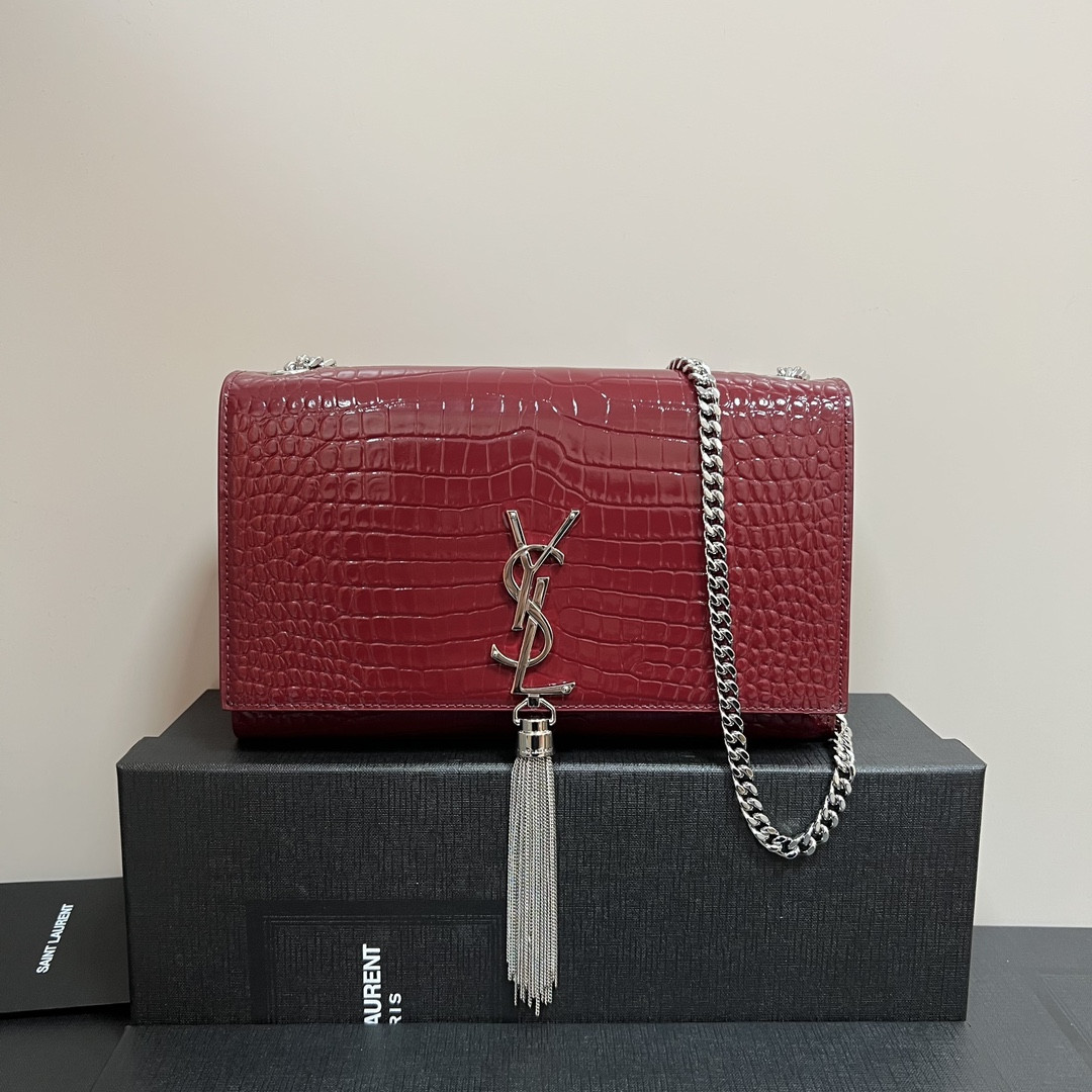 Y*L kate medium tassel in crocodile-embossed leather red 9.4 x 5.7 x 2.1 inches