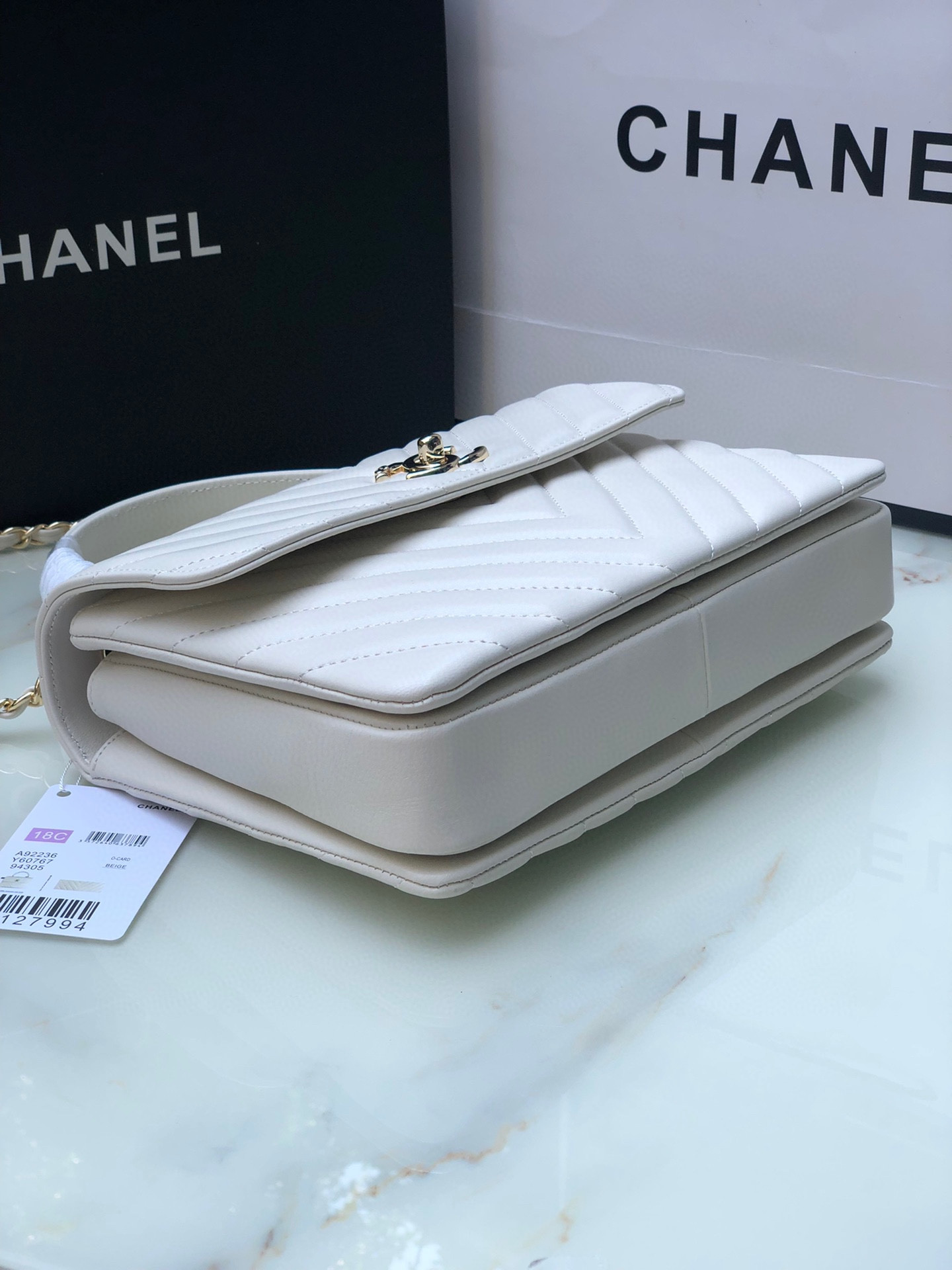 Ch*el flap bag with top handle white 6.6 × 9.8 × 4.7 in