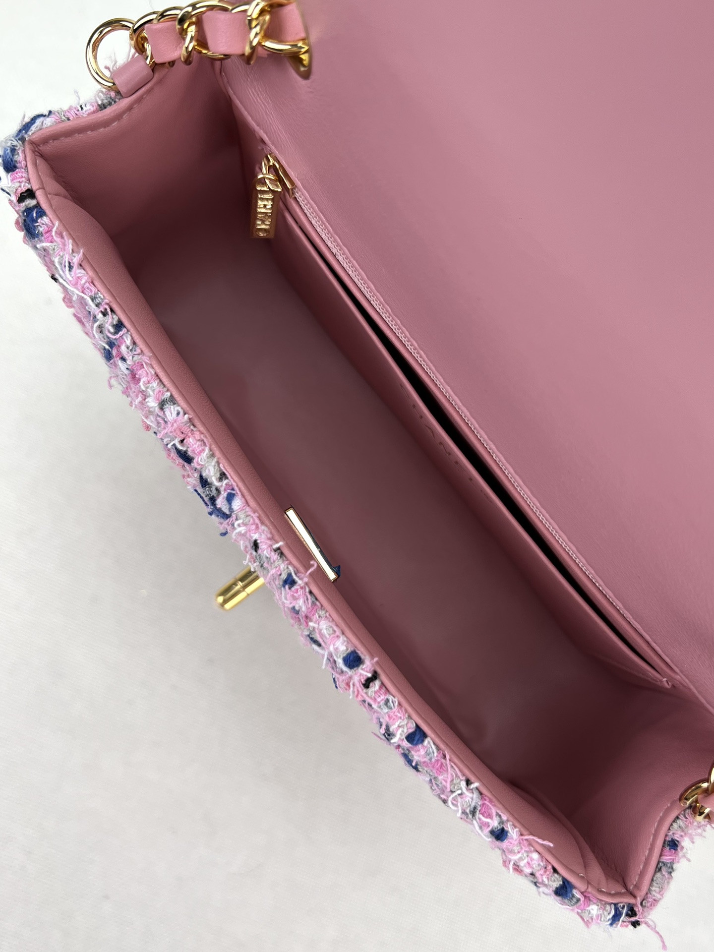 Ch*el mini classic 11.12 handbag tweed & gold-tone metal 4.7 × 7.8 × 2.3 in